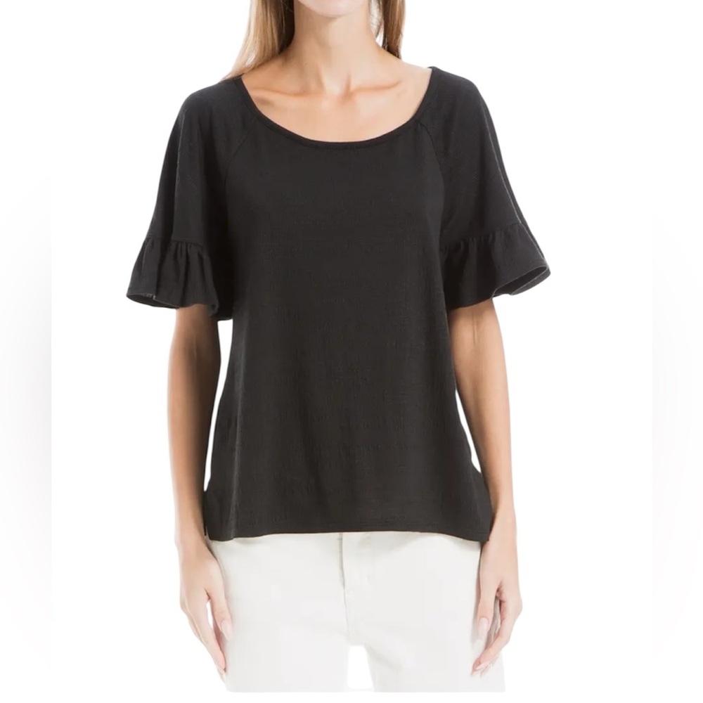 NWT Max Studio Flutter Texture Knit Black Ruffle Sleeve Blouse Top Extra Small